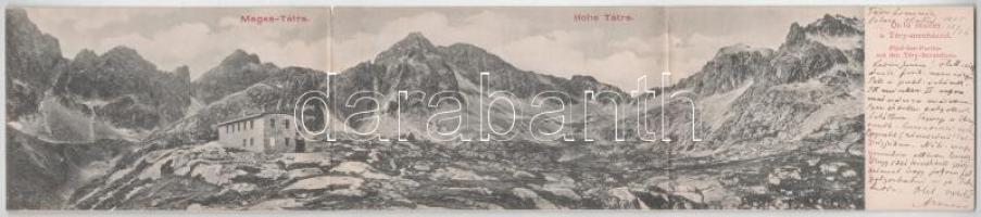 1905 Tátra, Magas-Tátra, Vysoké Tatry; Öt-tó részlet a Téry-menedékházzal. Divald Adolf kiadása, 3-részes kihajtható panorámalap / Fünf-See mit den Téry-Schutzhaus / lake, tourist house. 3-tiled folding panoramacard (hajtásnál kicsit szakadt / small tear at fold)