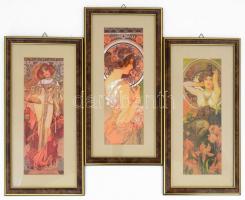 Mucha alkotásaiból 3 db dekoratív szecessziós stílusú modern nyomat, keretben. Külső méret 19x36 cm