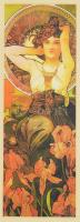 Mucha alkotásaiból 3 db dekoratív szecessziós stílusú modern nyomat, keretben. Külső méret 19x36 cm