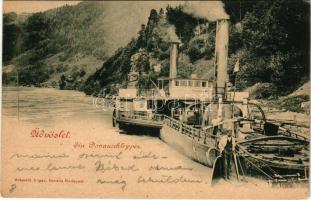 1899 (Vorläufer) Gruss von der Donau. Ein Donauschlepper / Üdvözlet a Dunáról. Dunai vontatóhajó kapitánnyal és legénységgel / Hungarian Danube side tugboat with captain and crew. Schmidt Edgar (Rb)