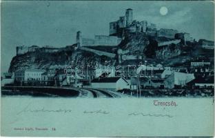 1899 (Vorläufer) Trencsén, Trencín; vár, vasútvonal este holdfényben. Gansel Lipót kiadása / Trenciansky hrad / castle, railway line at night in moonlight