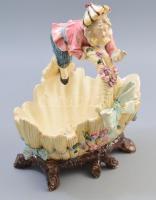 Antik fajansz figurális kosár kínáló, BU jelzéssel, 1977 formaszámmal, 1-1 lepattanással, sérüléssel, ujjak hiányosak, 24x26 cm