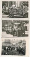 BUDAPEST - 3 db MODERN fotós képeslap: kommunista felvonulás, teherautó, dohánybolt, hentesáru, étterem, női férfi divatáru
