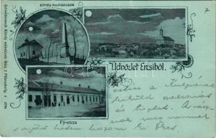 1899 (Vorläufer) Ercsi, Eötvös emlékszobor, Fő utca, látkép este holdfényben. Schwidernoch Károly műintézete, Art Nouveau, floral (EK)