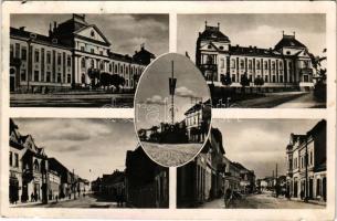 Csíkszereda, Miercurea Ciuc; mozaiklap 5 képpel: Városháza, Országzászló, utca, automobil / multi-view postcard, town hall, Hungarian flag, street, automobile (kis szakadások / small tears)