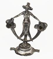 Jugendstil nőalakos kétágú gyertyatartó, ón, alja javított, m: 24 cm