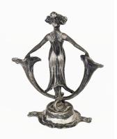 Jugendstil nőalakos kétágú gyertyatartó, ón, alja javított, m: 24 cm