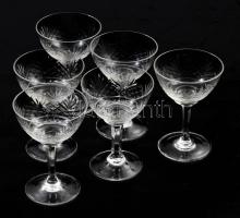 Antik kristály likőrös pohár garnitúra, 6 darab, csiszolt, hibátlan, m: 9,5 cm