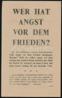 cca 1944-1945 ,,Wer hat Angst vor dem Frieden? [...] Ohne die Partei - Kein Krieg. Mit der Partei - Kein Frieden.", náciellenes röplap, kétoldalas, 20x12,5 cm
