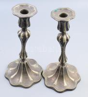 Antik gerezdelt testű alpakka gyertyatartó pár, egyik kissé ferde, m: 25 cm