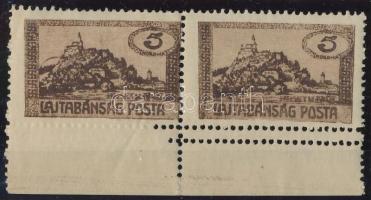 Nyugat Magyarország VII. 1921 5K pár részben hiányzó dupla fogazással, egyik bélyegen falcnyom, másik postatiszta, Bodor vizsgálójellel