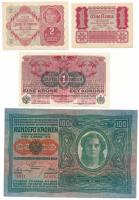 1916. 1K zöld "DEUTSCHÖSTERREICH" felülbélyegzéssel + Ausztria 1919 (1912) 100K mindkét oldal német és piros "DEUTSCHÖSTERREICH" felülbélyegzéssel + 1922. 1K + 2K T:F közte szép papír