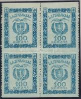 Nyugat Magyarország VII. 1921 100K négyestömb, középen vízszintesen fogazatlan, 2 bélyegen átmenő papírránc, 2 bélyegen falcnyom Bodor vizsgálójellel