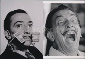 cca 1950-es évek, Salvador Dali (1904-1989) katalán - spanyol szürrealista festőművész, aki fényképezés közben gyakran önmagát rendezte, vagyis kitalálta előre a képet, s ehhez hívott fotós segítséget, eltérő időben készült felvételek (Bankjegyek a jellegzetes bajuszára tűzve; Dali és a magas C), 2 db modern nagyítás, jelzés nélkül, 21x15 cm