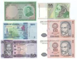 6db-os vegyes, külföldi bankjegytétel, közte Peru 1987. 100I (2db) sorszámkövető T:UNC 6pcs mixed, foreign banknote lot within Peru 1987. 100 Intis (2pcs) consecutive serial numbers C:UNC