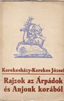 Kerekesházy-Kerekes József: Rajzok az Árpádok és Anjouk korából. (A Gutkeled Amadék a mohácsi vészig.) Budapest, 1934. Kir. Magy. Egyetemi Nyomda. 125 + [1] p. Egyetlen kiadás. Részlet az előszóból: ,,El szeretném vinni az olvasót azokba a régi időkbe, amikor a magyar urak még nyomott, lukastetejű kőházakban laktak. A szobák közepén nyílt tűzhelyek égtek, ahonnan sűrű füst gomolygott ki a vaddal-bozóttal dús, lakatlan magyar tájak fölé. Gyöngynek, Virágnak hívták akkor még a magyar asszonyokat és Székesfehérváron korozáták Magyarország királyait. Szeretném aztán visszaidézni a magyar múlt hőskorát, a lovagkort, amikor páncélos magyarok verekedtek a nápolyi dombokon, vissza, egész addig, ameddig 1526 augusztus 29-én, Pécstől nem messze, a Duna partján sokezer magyar vitéz mozdulatlan holttestére tűzött le a forró, verőfényes déli nap. Szeretném ezeknek a koroknak a levegőjét, a hátterét az egyes szereplők életviszonyain, karrierjén és gyakran: bukásán keresztül ismertetni - hiszen a történelmet, amelynek százados légköre ilyen kis mozaikokból tevődik össze, igazán csak úgy lehet megismerni, ha a részleteibe is belehatolunk." A szerző a Gutkeled-Amadé család történetén keresztül mutatja be sajátos, életmódtörténeti részletekkel dúsított történelmi vízióját az intrikákkal és konfliktusokkal terhelt magyar középkorról, oldalszámozáson belül gazdag szövegközti illusztrációs anyaggal. A kötetben oldalszámozáson belül 14 tábla, 10 nemzetségtábla, ebből egy dupla oldalas, öt kihajtható. Fűzve, színes, illusztrált, enyhén gyűrött kiadói borítóban. Körülvágatlan, jó példány.