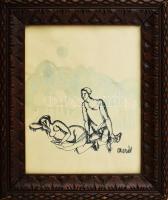 Aczél Ilona (1929-2000): Szerelmesek. Tus, papír, jelzett. Üvegezett fakeretben. 21x17 cm.