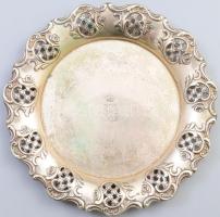 Ezüst (Ag) tál, rokályos áttört peremrésszel, monogramos, jelzett, d: 15 cm, nettó 164g