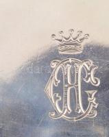 Ezüst (Ag) tál, rokályos áttört peremrésszel, monogramos, jelzett, d: 18 cm, nettó 225g