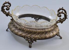 Ezüst (Ag) kínáló, üveg betéttel, jelzett, nettó 265g, eredeti betéten kis pattogzás.