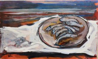 Olvashatatlan jelzéssel, feltehetően olasz művész: Halas csendélet. Olaj, vászon. 30x50 cm
