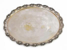 Ezüst (Ag) ovális tálca, hengerelt virágos peremrésszel, jelzett, 48x39 cm, nettó 995g