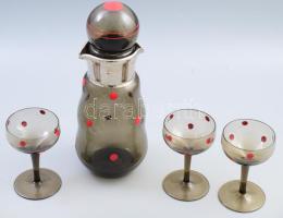 Pirospöttyös hutaüveg kiöntő, 3 pohárral, m: 10-24 cm