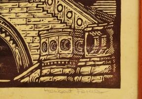 Herbert Ferenc (-): Halászbástya. Linómetszet, papír, jelzett, üvegezett fakeretben, 39x26 cm