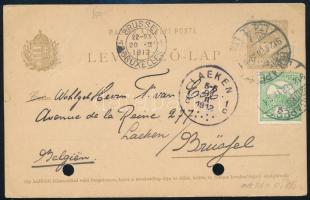 1912 5f díjjegyes levelezőlap 5f díjkiegészítéssel Belgiumba, érkezési bélyegzésekkel, "BUDAPEST"