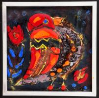 Buzás Árpád (1929-2013): Madár. Tűzzománc, rézlemez. Keretben. 9,5x9,5 cm