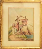 Buzzi Irma (feltehetően XIX. sz. vége): Elvarázsolt kastély. Akvarell, papír. Jelzett. Üvegezett, kissé kopott fakeretben. 21x15 cm