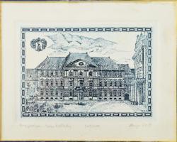 Olvashatatlan jelzéssel (Kanyu Zsolt?): Megyeháza, Szombathely. Rézkarc, papír, jelzett. Számozott (249/400). Üvegezett fakeretben, lap széel kissé foltos, 9,5×13 cm