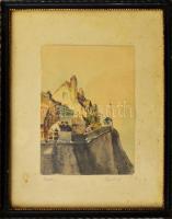 Olvashatatlan jelzéssel: Utcai társaság. Akvarell, papír, jelzett. Üvegezett fakeretben, 17×12 cm