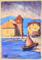 Olvashatatlan jelzéssel: Mediterrán kikötő vitorlással, 1972. Gouache, papír. 40×29 cm