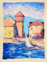 Jelzés nélkül: Mediterrán kikötő vitorlással. Gouache, papír. 48×35 cm
