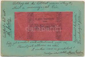 1900 "A piros bugyelláris titka" kihajtható, belül mini 10, 50 és 100 forintos "bankjegyek" (EB)