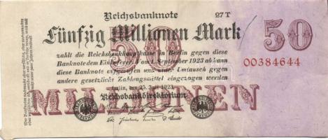 Német Birodalom / Weimari Köztársaság 1923. 50.000.000M cégnyomat nyolcjegyű sorszámmal, két erős papírránccal, bal alsó sarokban érdekes vágáshibával! T:II+ alig látható töréssel