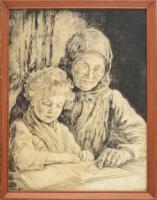 Edvi Illés Aladárné [Karády Etel] (1877-1963): Nagymama és unoka (meseolvasás), rézkarc, papír, jelzett, üvegezett fakeretben, 39,5×30 cm