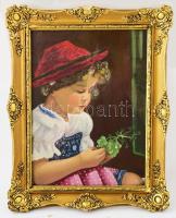 Glatz jelzéssel: Kislány szőlővel. Olaj, karton. Dekoratív, üvegezett, sérült fakeretben. 32x24 cm