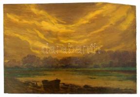 Katona Nándor (1864-1932): Vízparti naplemente. Olaj, falemez, jelezve jobbra lent. Hátoldalán Katona Nándor autográf feliratával. 28x40 cm / Nándor Katona (1864-1932): Sunset. Oil on wood, signed lower right. With Nándor Katona's autograph description on the reverse.
