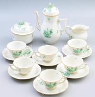 Herendi zöldvirág mintás mokkás készlet, kézzel festett, jelzett, teljes, minimális kopással, a kiöntő fogóján kis pattogzással.