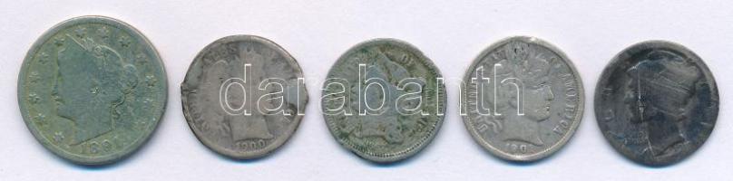 Amerikai Egyesült Államok 5db-os gyengébb tartású tétel, benne 1867. 3c Ni + 1891. 5c Ni + 1900-1901. 1D Ag "Barber Dime" (2xklf) + 1918. 1D Ag "Mercury Dime" T:F, patina, foglalatnyom, lyukas USA mixed lot of 5pcs coin in bad condition, including 1867. 3 Cents Ni + 1891. 5 Cents Ni + 1900-1901. 1 Dime Ag "Barber Dime" (2xdiff) + 1918. 1 Dime Ag "Mercury Dime" C:F, patina, frame mark, holed