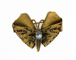 Antik csehszlovák filigrán réz lepke bross, kőberakással, kis kőhiánnyal, jelzett, 4x5 cm