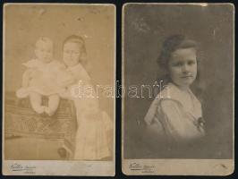 cca 1910 Gyerekek műtermi portrééi, 2 db keményhátú fotó Koller tanár utódai budapesti műterméből, sérülésekkel, 16,5×10,5 cm