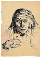 Pleidell János (1915-2007): Vöröskereszt. Tus, papír, jelezve jobbra lent. Sérült, foltos. 51x36 cm.