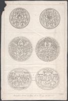 Girolamo Carattoni (1749 k.-1809 k.): XV. és XVI. sz. érmék (numizmatikai témájú ábrázolás). Rézmetszet, papír. Jelzett a metszeten. Bal felső sarkában sérült. 28,5x19,5 cm