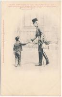 Buziás, I. Ferenc József császár és király egy 6 éves paraszt fiútól a császár-hadgyakorlatok alkalmával egy kérvényt az úton átveend. Buziás, 1898. szeptember 6-án. Kossak József udvari fényképész (Temesvár) kiadása és felvétele / Kaiser und König Franz Joseph I. nimmt ein Bittgesuch eines 6 jährigen Bauernknaben anlässlich der Kaiser-Manöver bei Buziás am 6. September 1898 auf der Strasse entgegen / Emperor and King Franz Joseph I accepts a petition from a 6-year-old peasant boy on the street during the royal maneuvers near Buziás on 6 September 1898