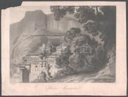 cca 1860 Löfler-Bertrand: Megaspiläon, Görögország, acélmetszet, sérült, 19×24 cm