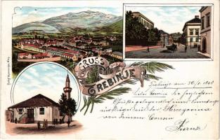 1898 (Vorläufer) Trebinje, general view, mosque, street view. Rudolf Oesterreicher Art Nouveau, floral, litho (crease)
