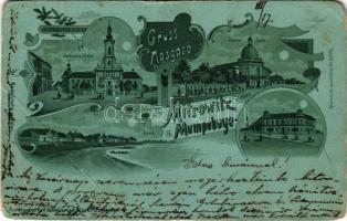 1899 (Vorläufer) Szávaszentdemeter, Mitrovice, Mitrovitz an der Save, Sremska Mitrovica; Serbische Kirche, Srpski Dom, Save / Szerb ortodox templom, Szerb nemzeti ház, Száva-part este holdfényben / Serbian Orthodox church, Serbian national house, Sava riverside at night in moonlight. Kunstanstalt Karl Schwidernoch Art Nouveau, floral, litho (EM)